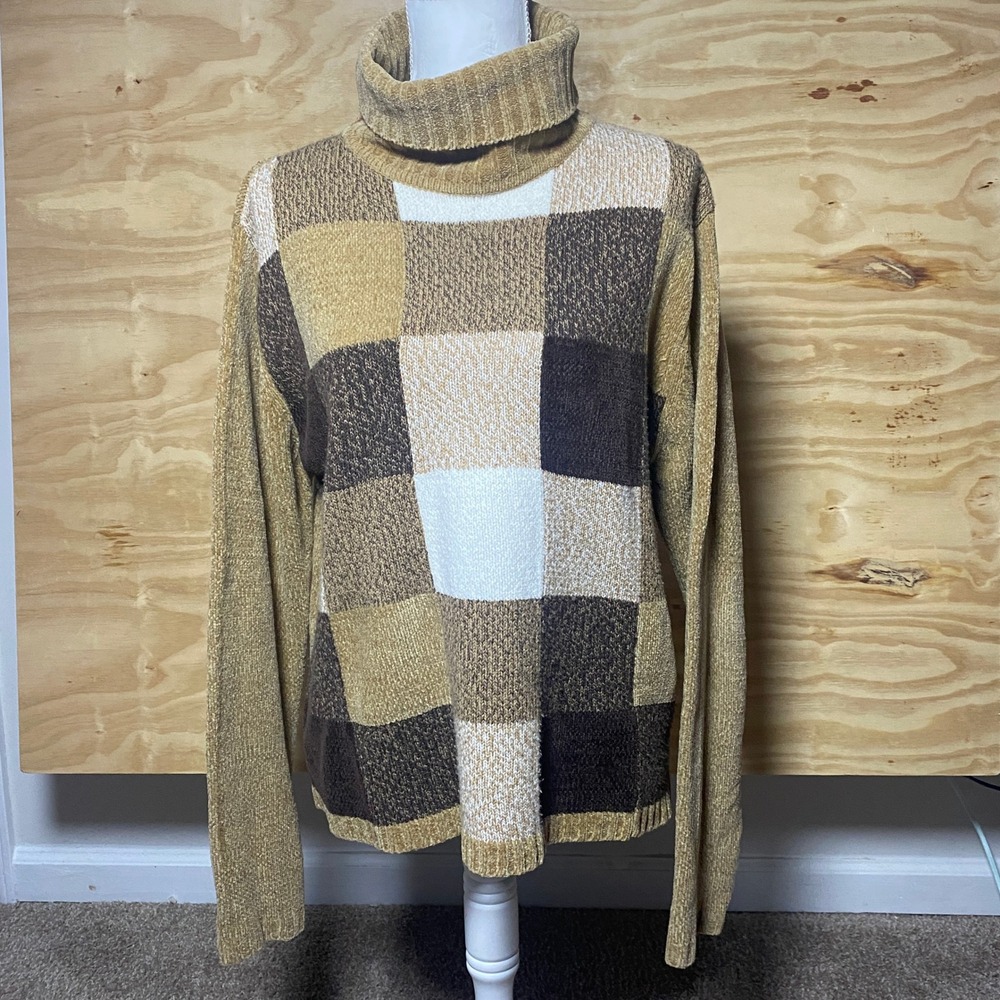 Carolyn Taylor XL Luxury Chenille Patchwork Turtleneck Sweater Brown Beige Tan